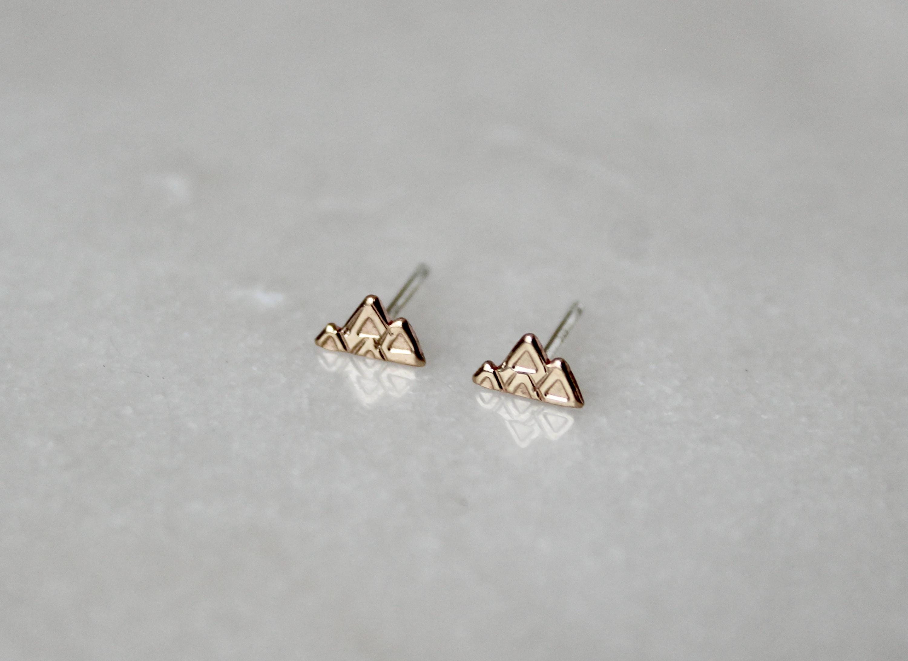 Gold Filled Mountain Shaped Stud Earrings,  14k, Mountain Wedding Jewelry, Gift for Her, Geometric Studs, Rustic Boho Accessories
