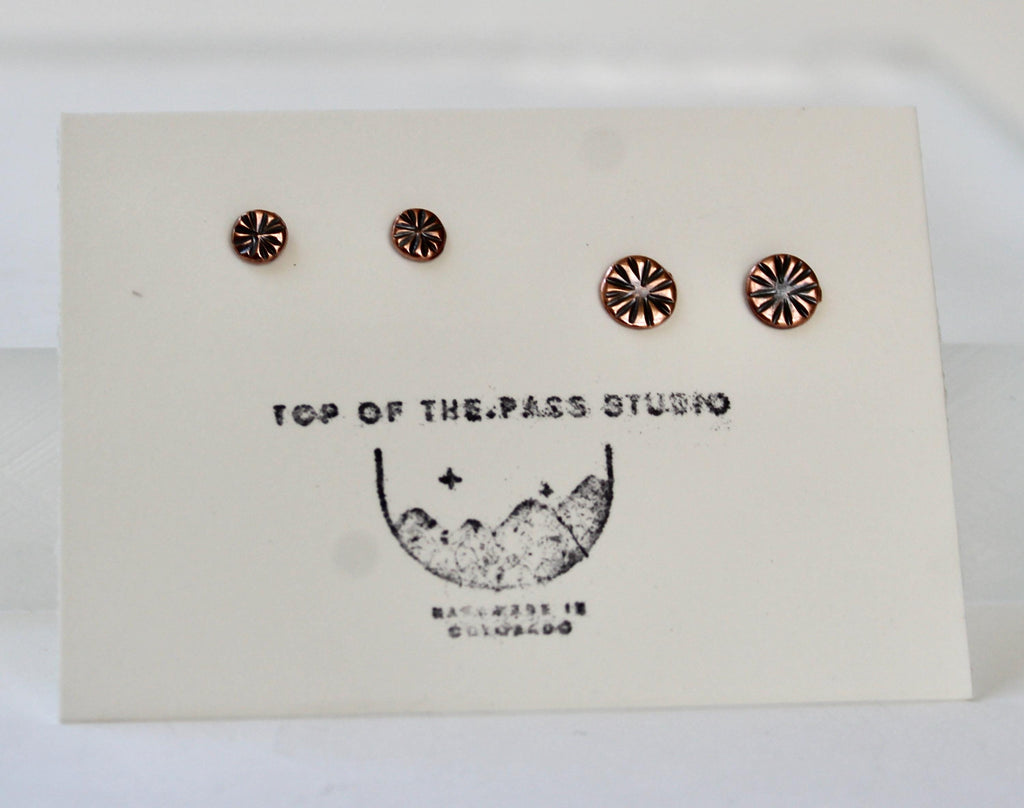Rustic Copper Stud Earring Set, Hammered Sunburst Design