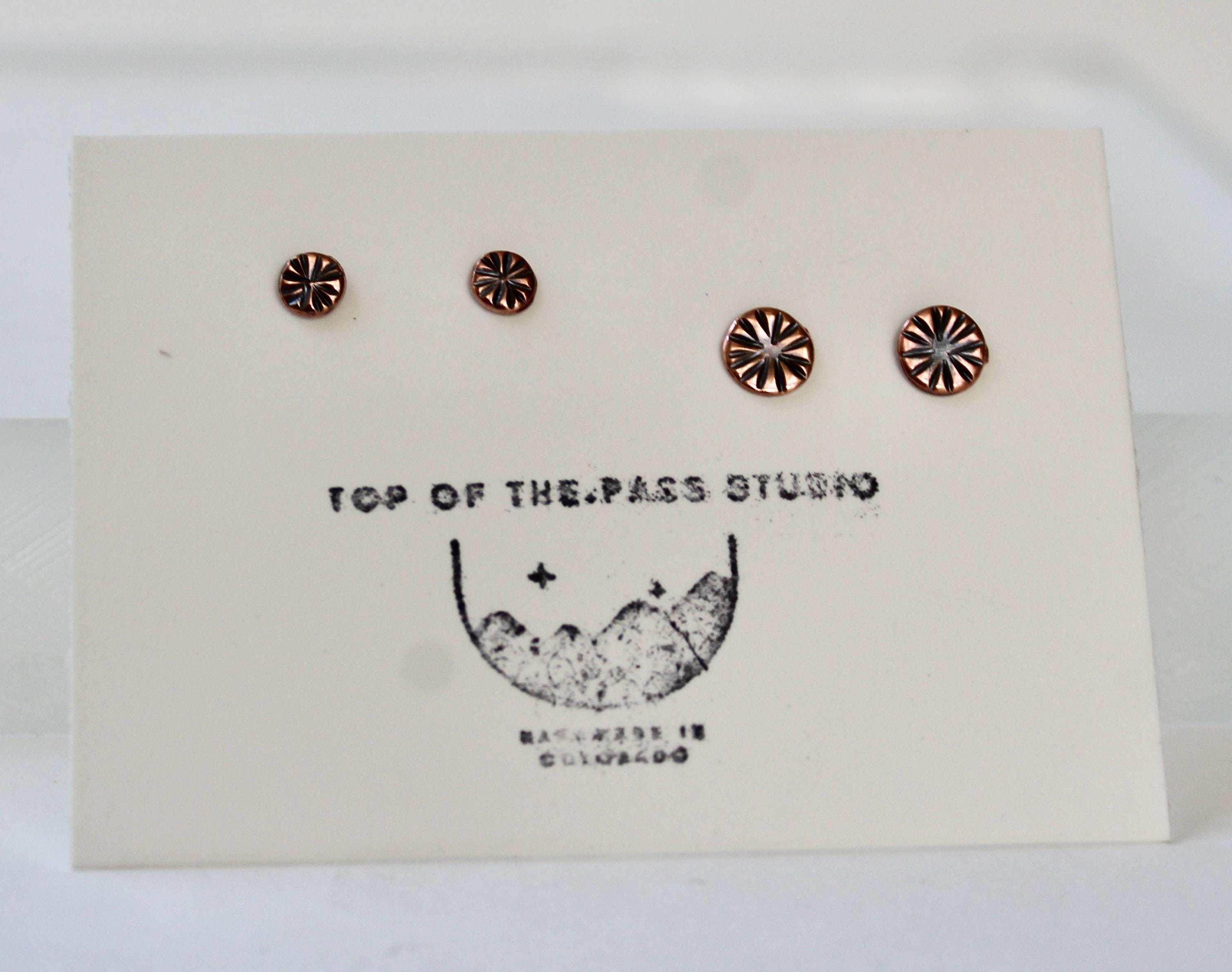 Rustic Copper Stud Earring Set, Hammered Sunburst Design