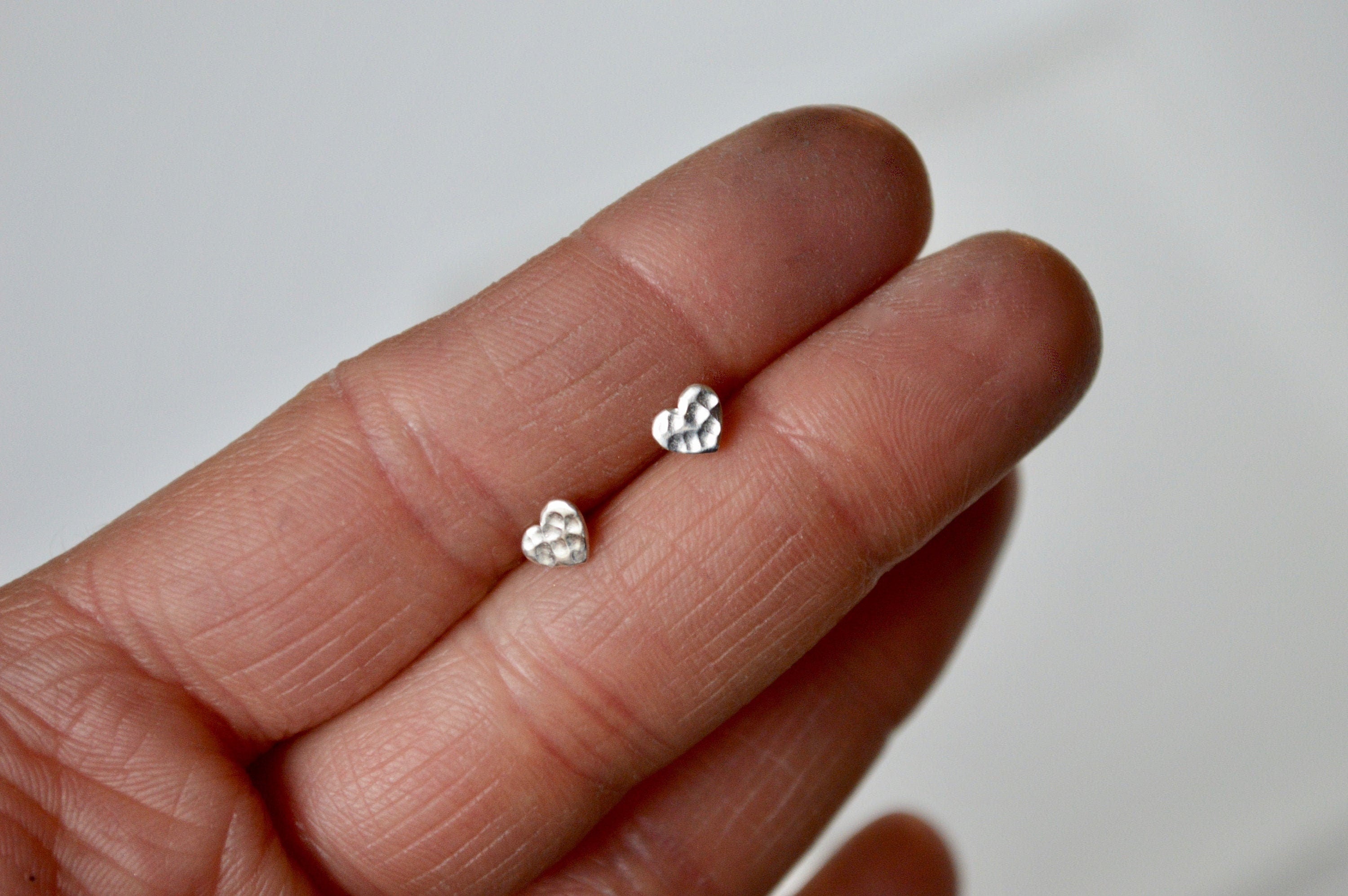 Hammered Sterling Silver Heart Stud Earrings, Tiny 5mm