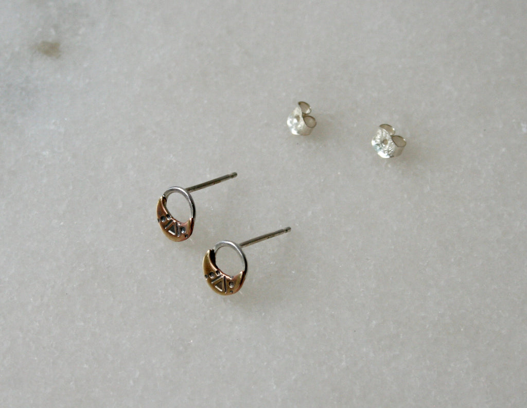 Brass and Silver unique Moon shapes design Stud earrings, Stamped Gold Moon Studs, Rustic Brass Jewelry, Open Circle Earrings, Western
