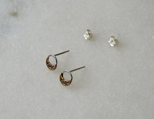 Brass and Silver unique Moon shapes design Stud earrings, Stamped Gold Moon Studs, Rustic Brass Jewelry, Open Circle Earrings, Western