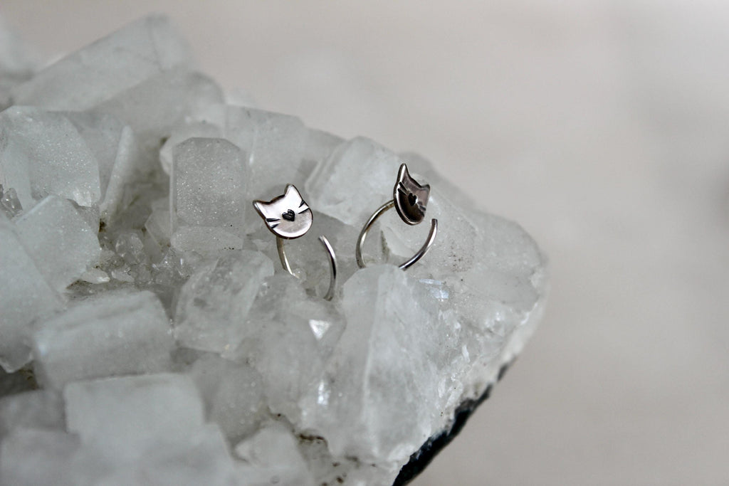 Cat Huggie Hoop Earrings, Backless Sleeper Earrings, Gift for Cat Lady, Kitty Jewelry, Small Cat Earrings, Silver Hoops, Fun Girls Earrings