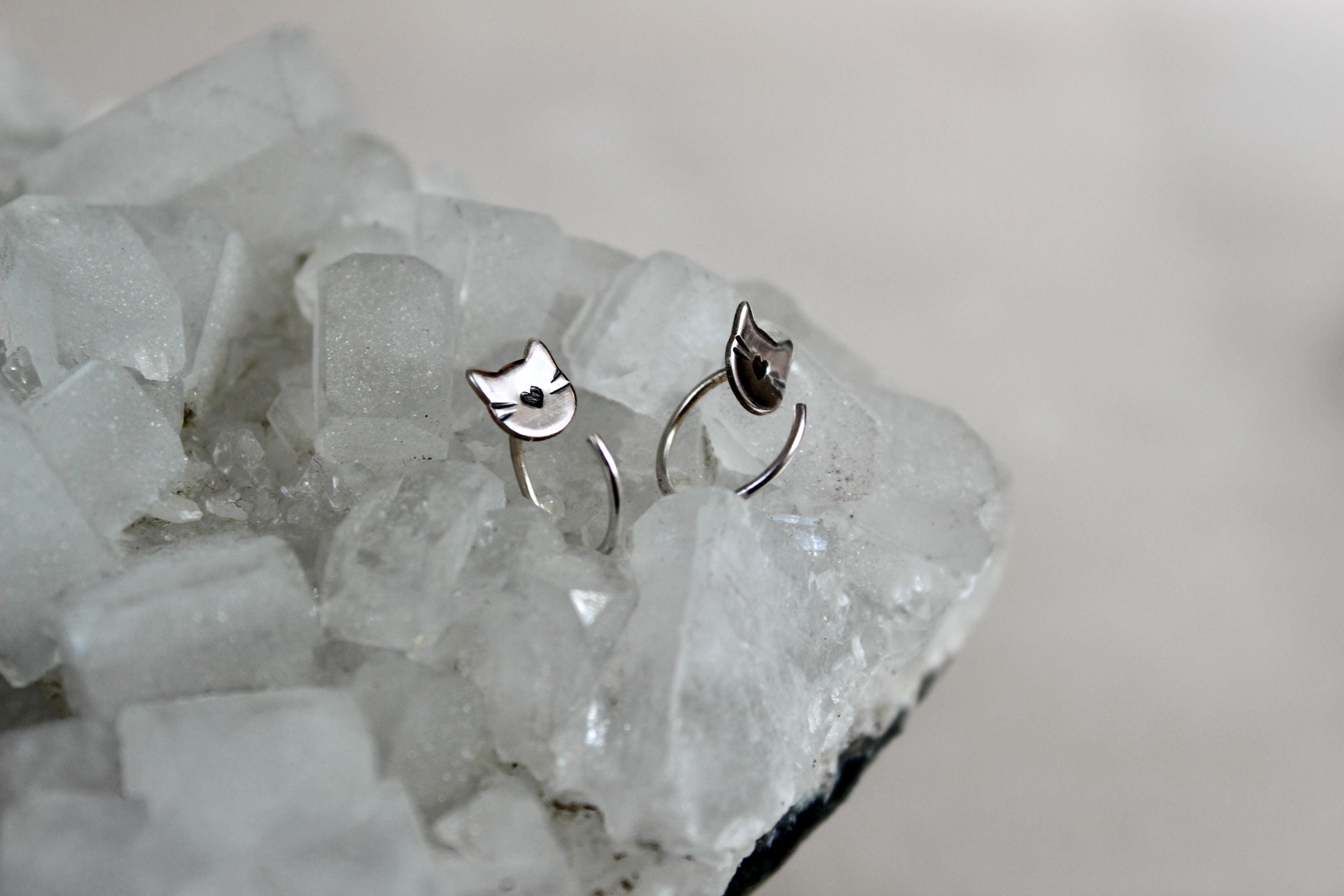 Cat Huggie Hoop Earrings, Backless Sleeper Earrings, Gift for Cat Lady, Kitty Jewelry, Small Cat Earrings, Silver Hoops, Fun Girls Earrings