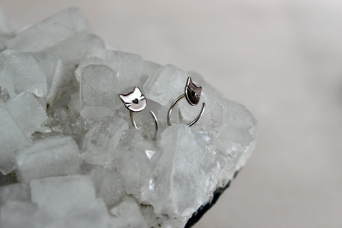 Cat Huggie Hoop Earrings, Backless Sleeper Earrings, Gift for Cat Lady, Kitty Jewelry, Small Cat Earrings, Silver Hoops, Fun Girls Earrings