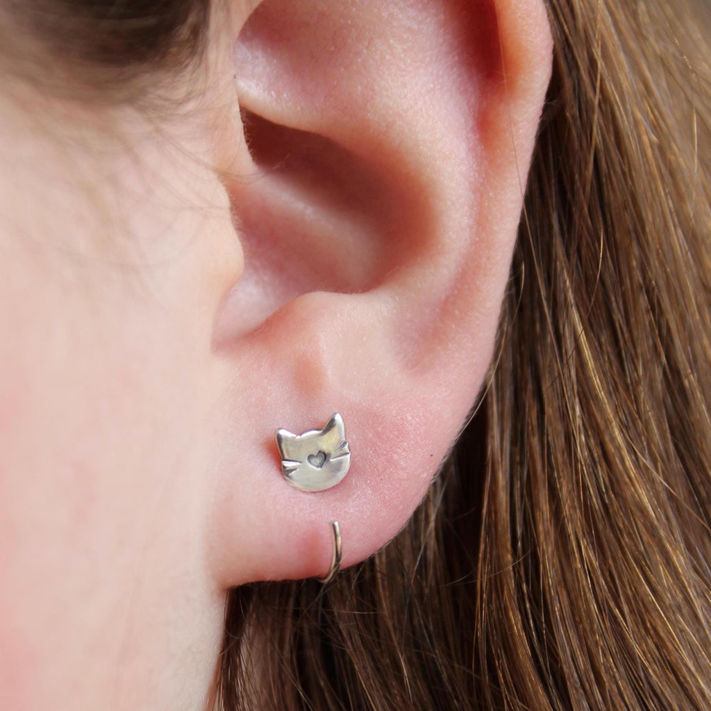 Cat Huggie Hoop Earrings, Backless Sleeper Earrings, Gift for Cat Lady, Kitty Jewelry, Small Cat Earrings, Silver Hoops, Fun Girls Earrings