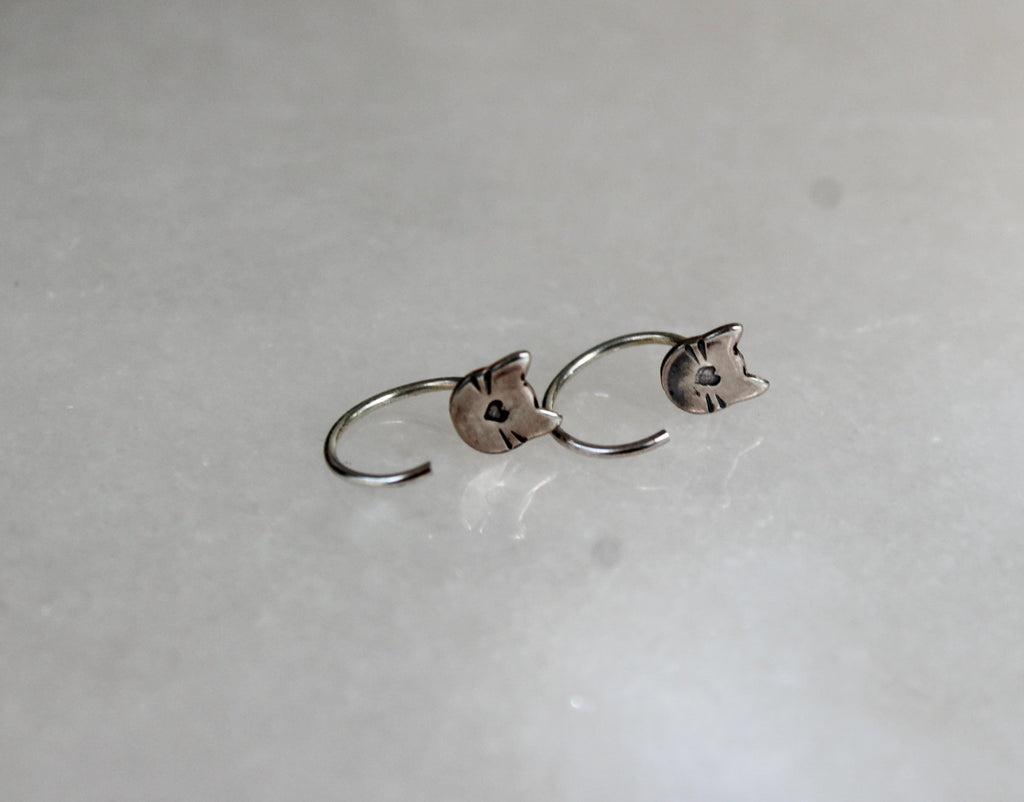 Cat Huggie Hoop Earrings, Backless Sleeper Earrings, Gift for Cat Lady, Kitty Jewelry, Small Cat Earrings, Silver Hoops, Fun Girls Earrings