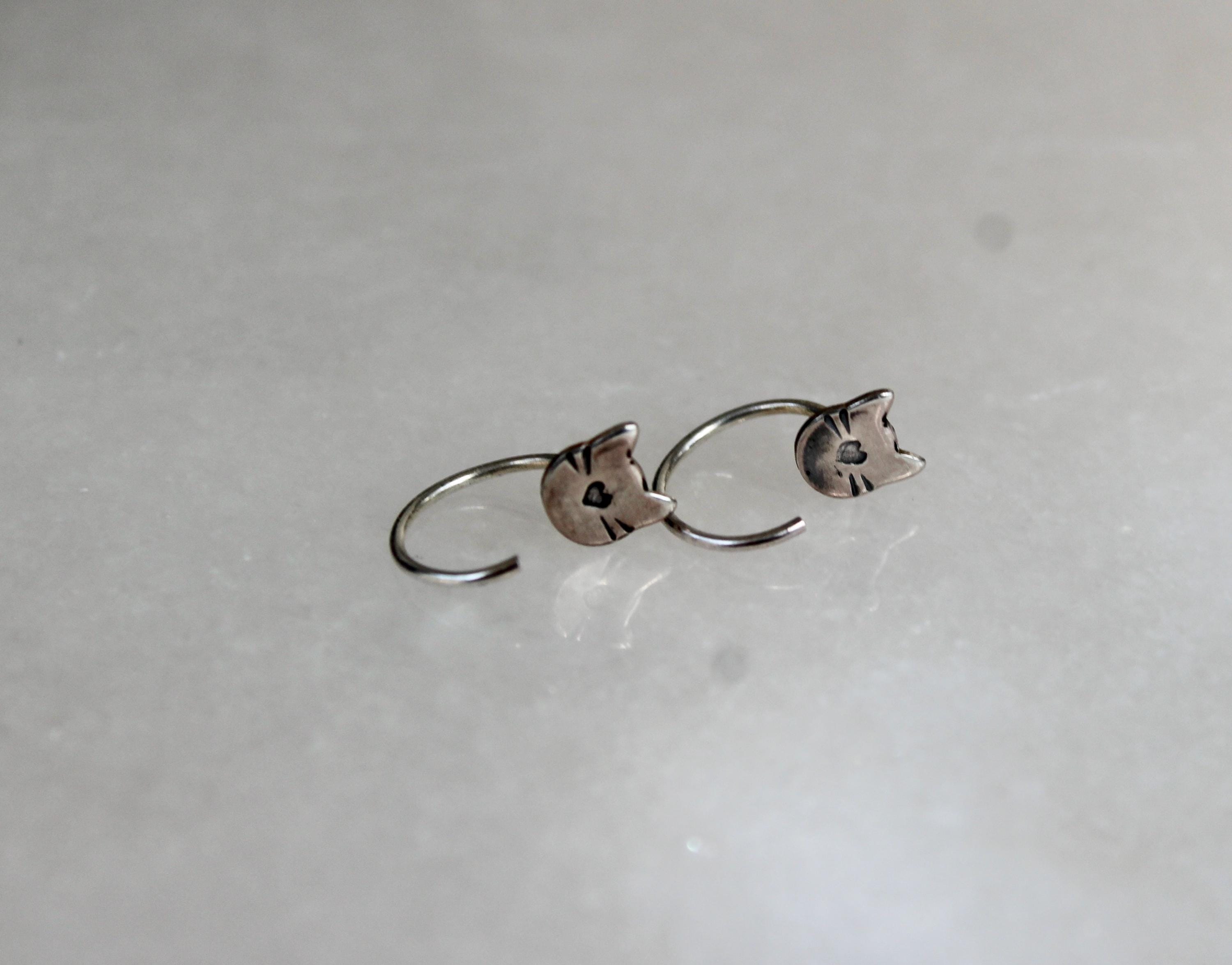 Cat Huggie Hoop Earrings, Backless Sleeper Earrings, Gift for Cat Lady, Kitty Jewelry, Small Cat Earrings, Silver Hoops, Fun Girls Earrings