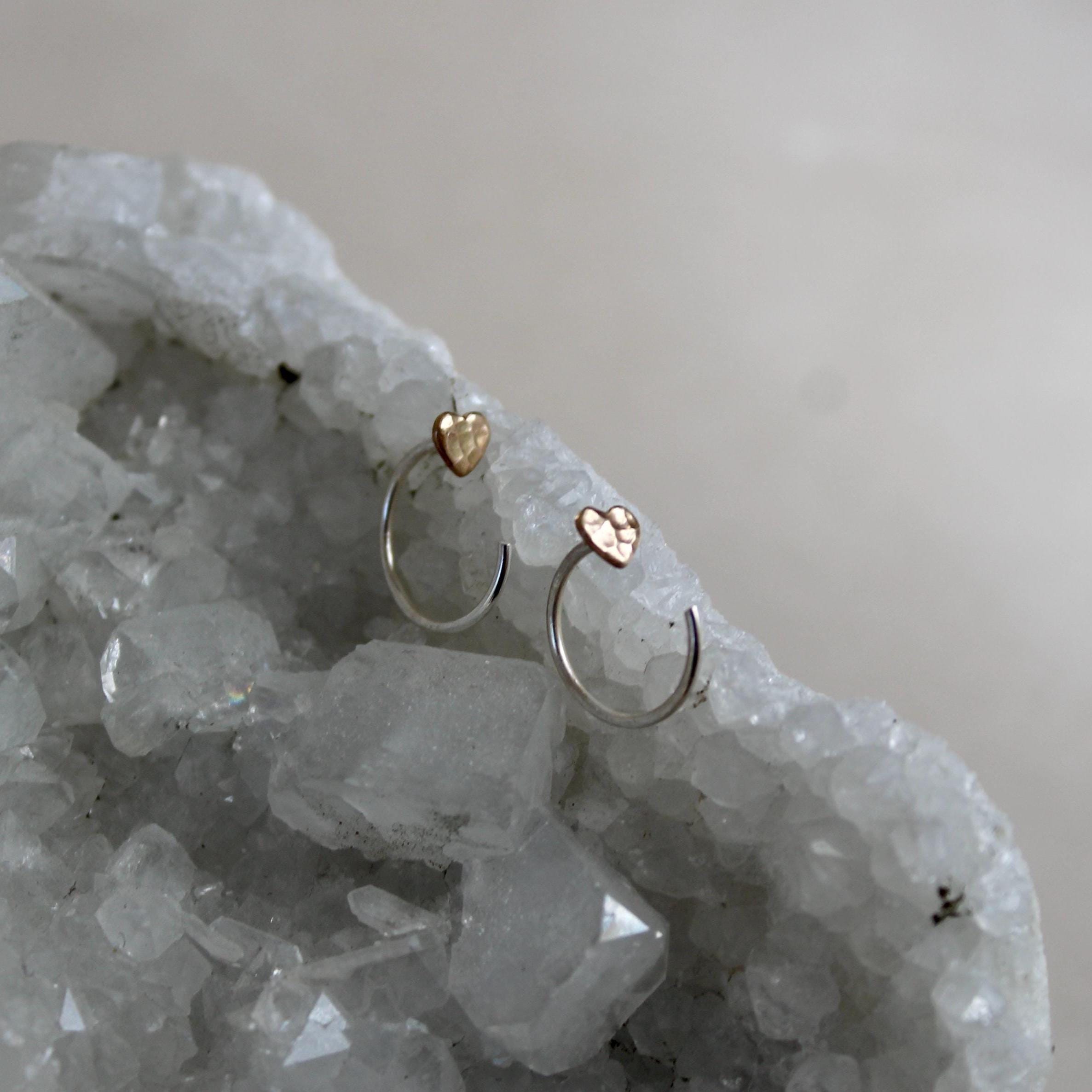 14k Gold Filled Heart Huggie Earrings, Sterling Silver Wires