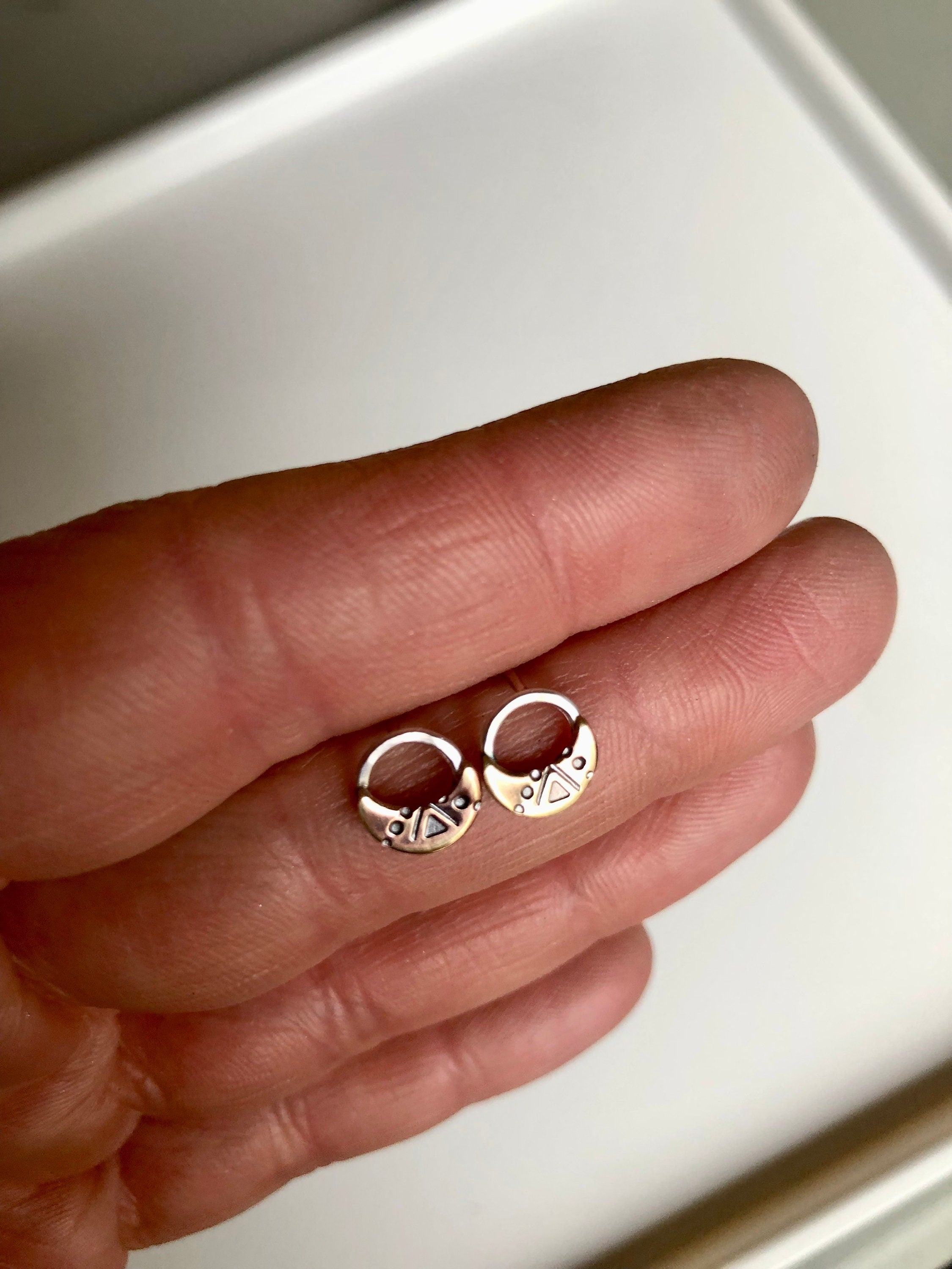 Brass and Silver unique Moon shapes design Stud earrings, Stamped Gold Moon Studs, Rustic Brass Jewelry, Open Circle Earrings, Western