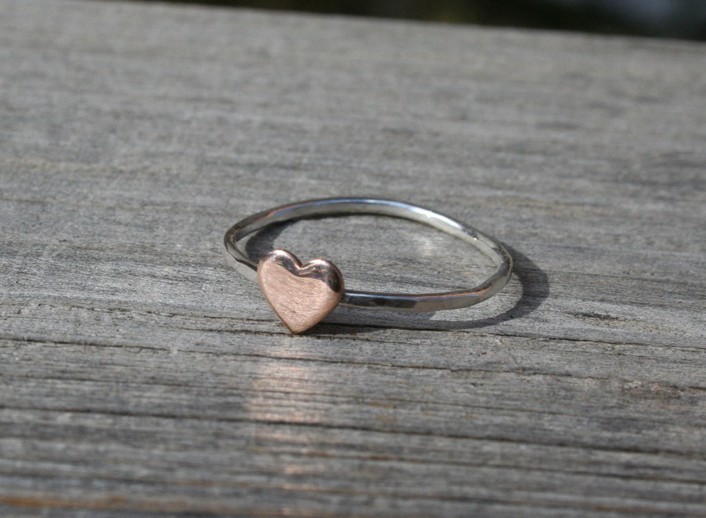 Minimal rose gold filled Heart Ring with Hammered Silver Band,  6mm Heart, Anniversary Gift