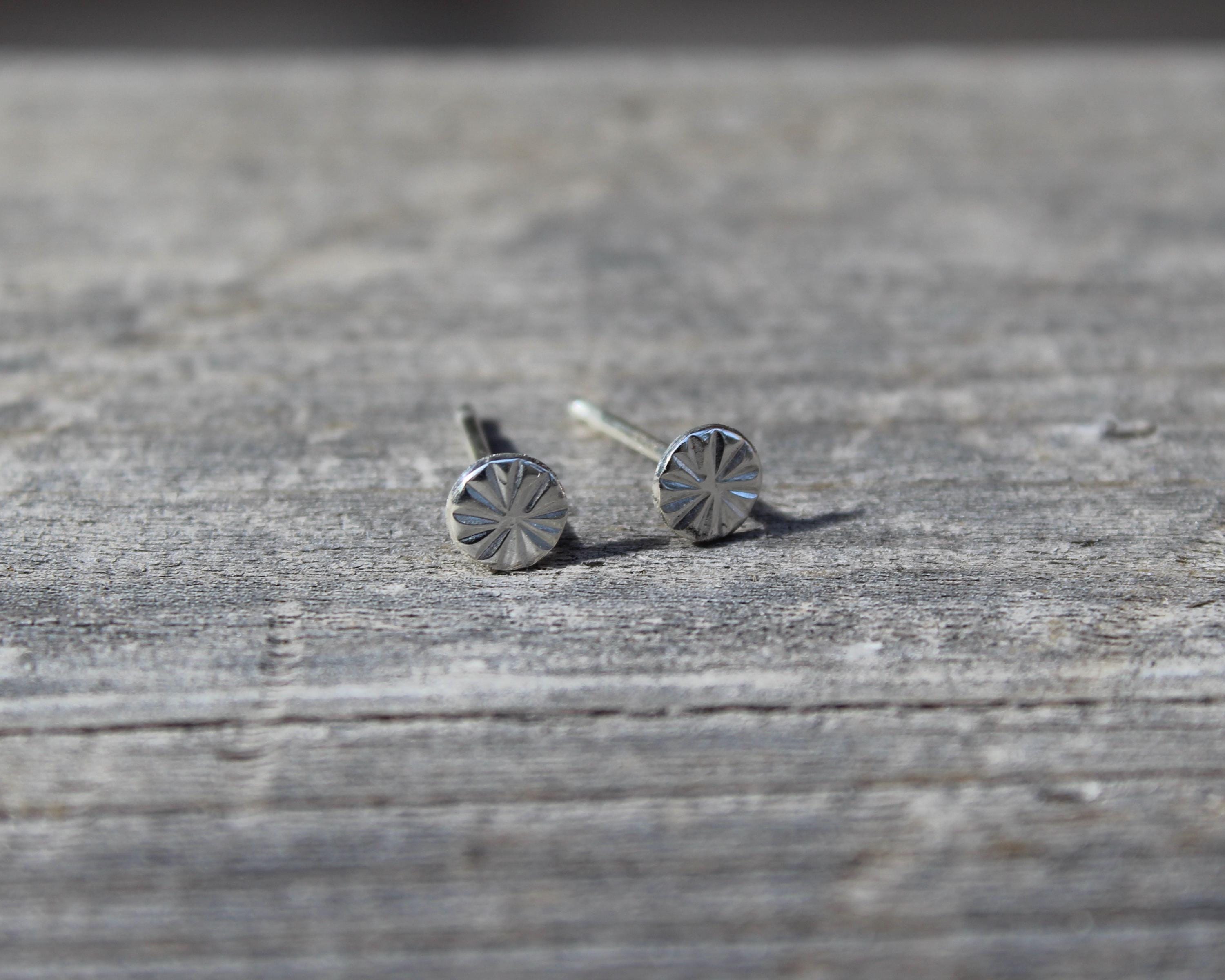 Dainty Sterling Silver Stud Earrings, Round Tiny Studs, Circle Earrings for Cartilage, Unique Hand Stamped Silver Jewelry, Gift for Her