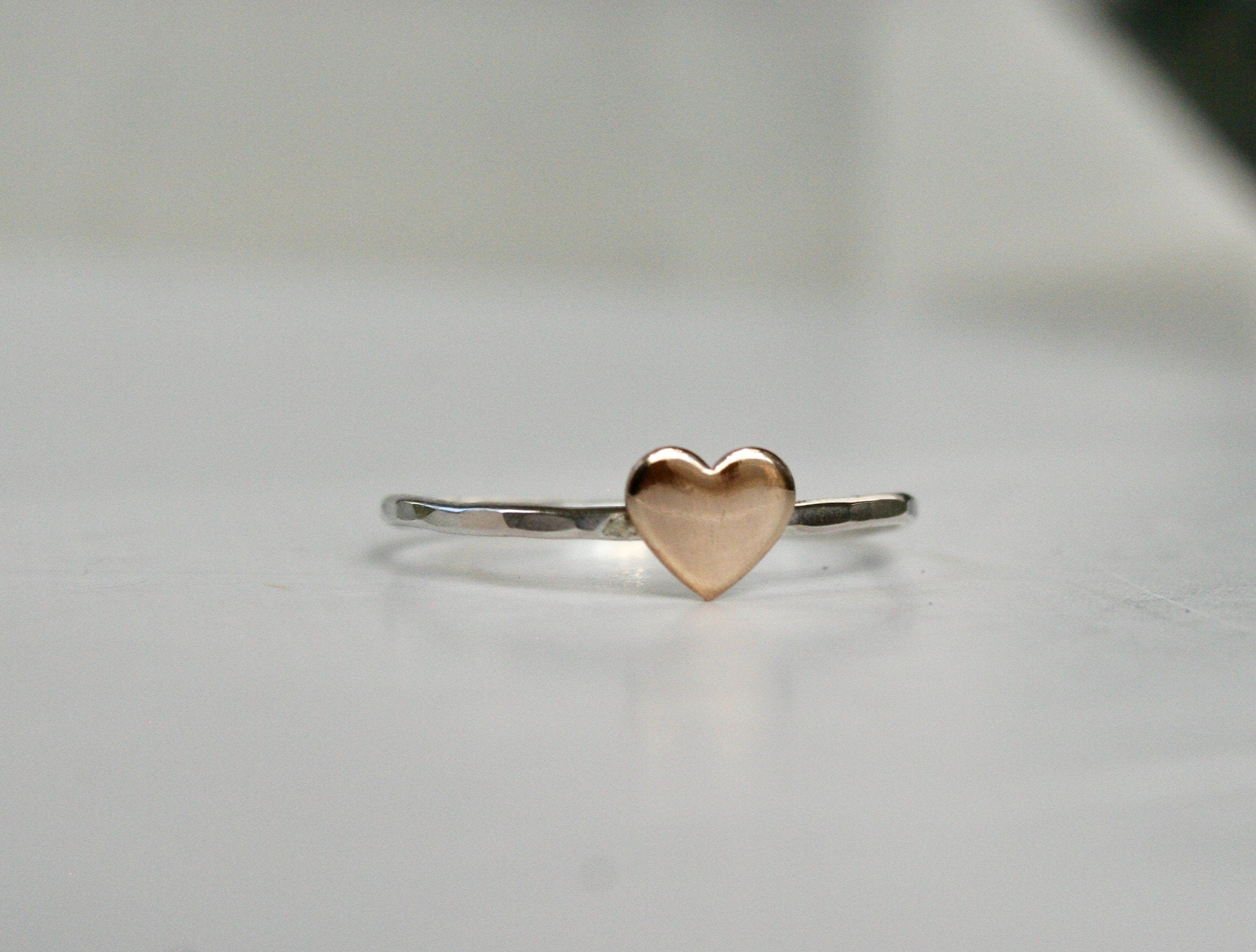 Minimal rose gold filled Heart Ring with Hammered Silver Band,  6mm Heart, Anniversary Gift