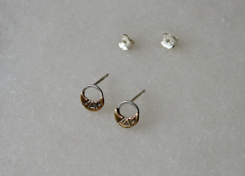 Brass and Silver unique Moon shapes design Stud earrings, Stamped Gold Moon Studs, Rustic Brass Jewelry, Open Circle Earrings, Western
