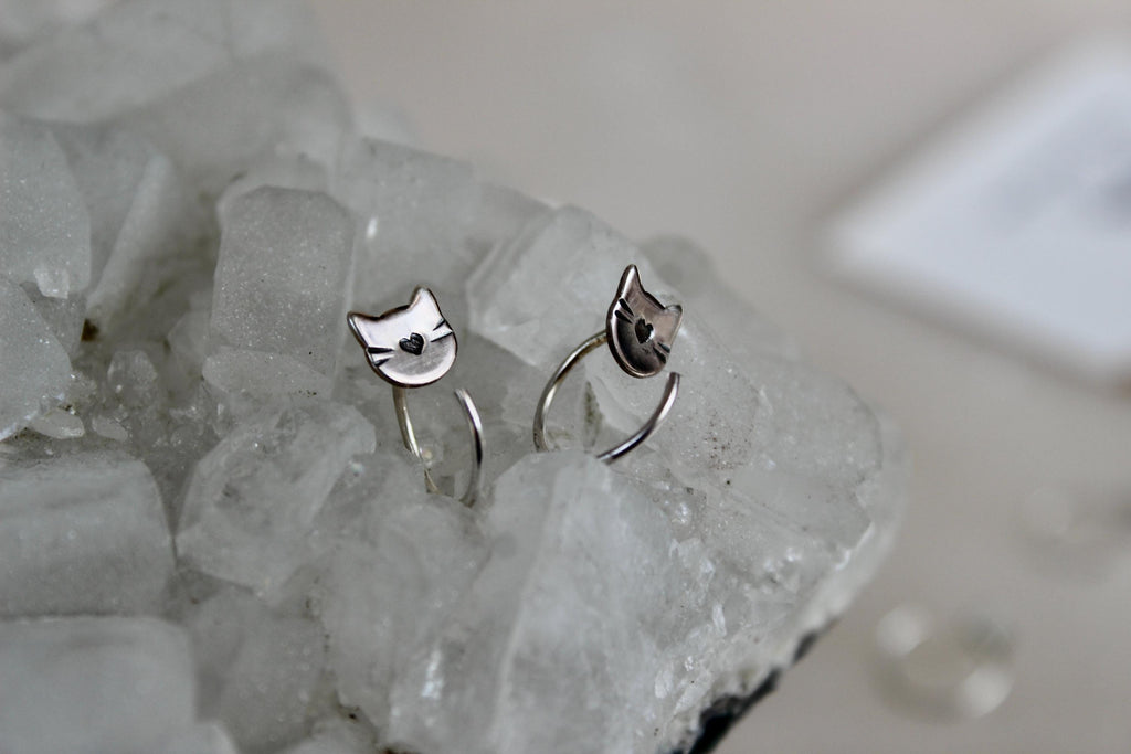 Cat Huggie Hoop Earrings, Backless Sleeper Earrings, Gift for Cat Lady, Kitty Jewelry, Small Cat Earrings, Silver Hoops, Fun Girls Earrings