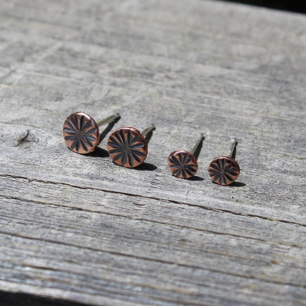 Rustic Copper Stud Earring Set, Hammered Sunburst Design