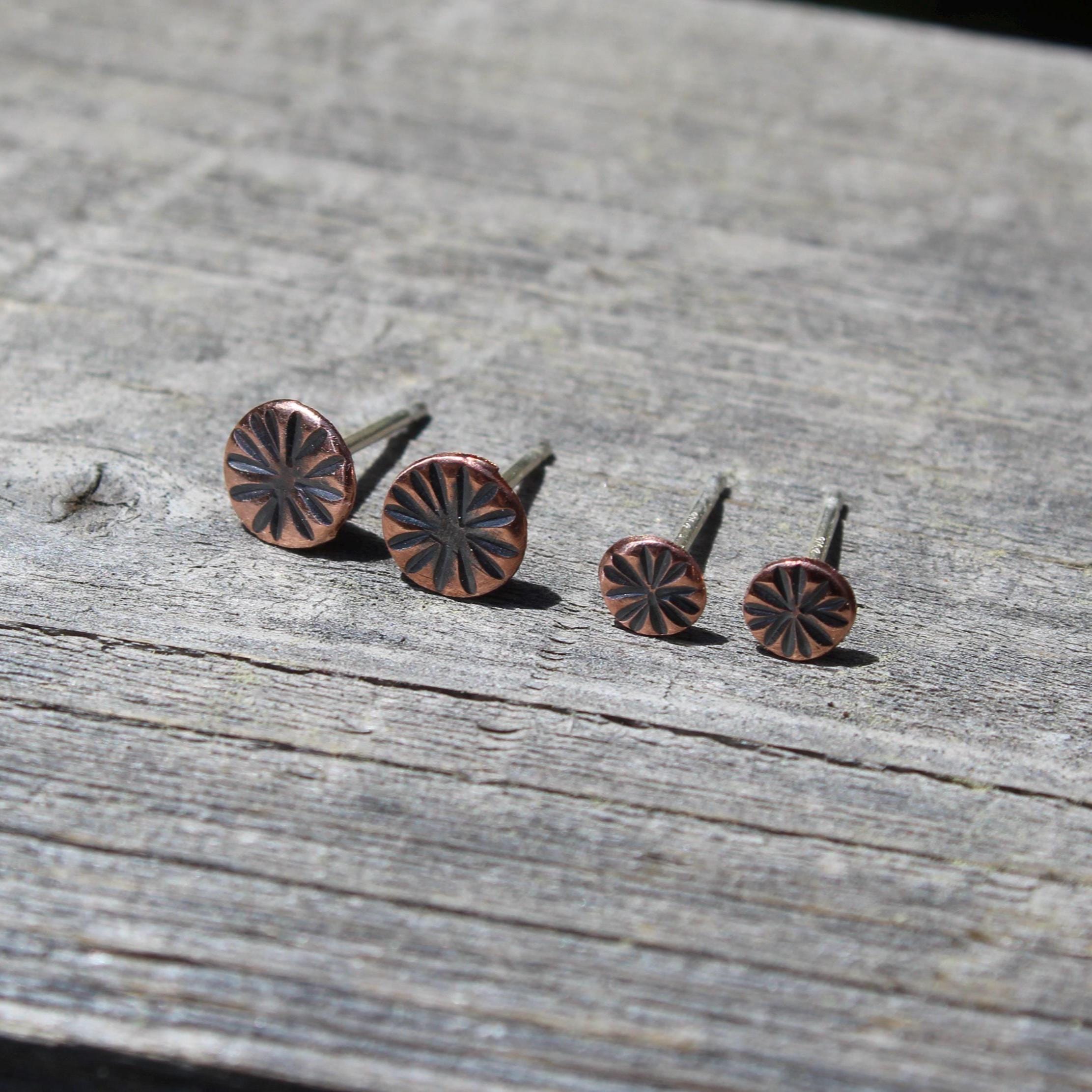 Rustic Copper Stud Earring Set, Hammered Sunburst Design