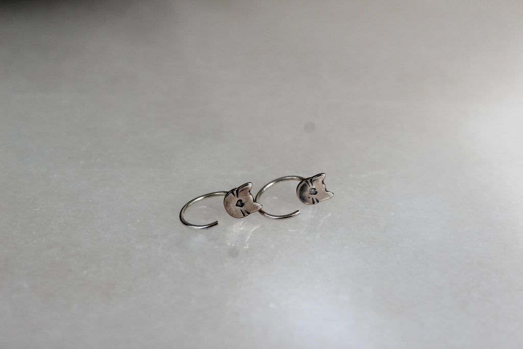 Cat Huggie Hoop Earrings, Backless Sleeper Earrings, Gift for Cat Lady, Kitty Jewelry, Small Cat Earrings, Silver Hoops, Fun Girls Earrings