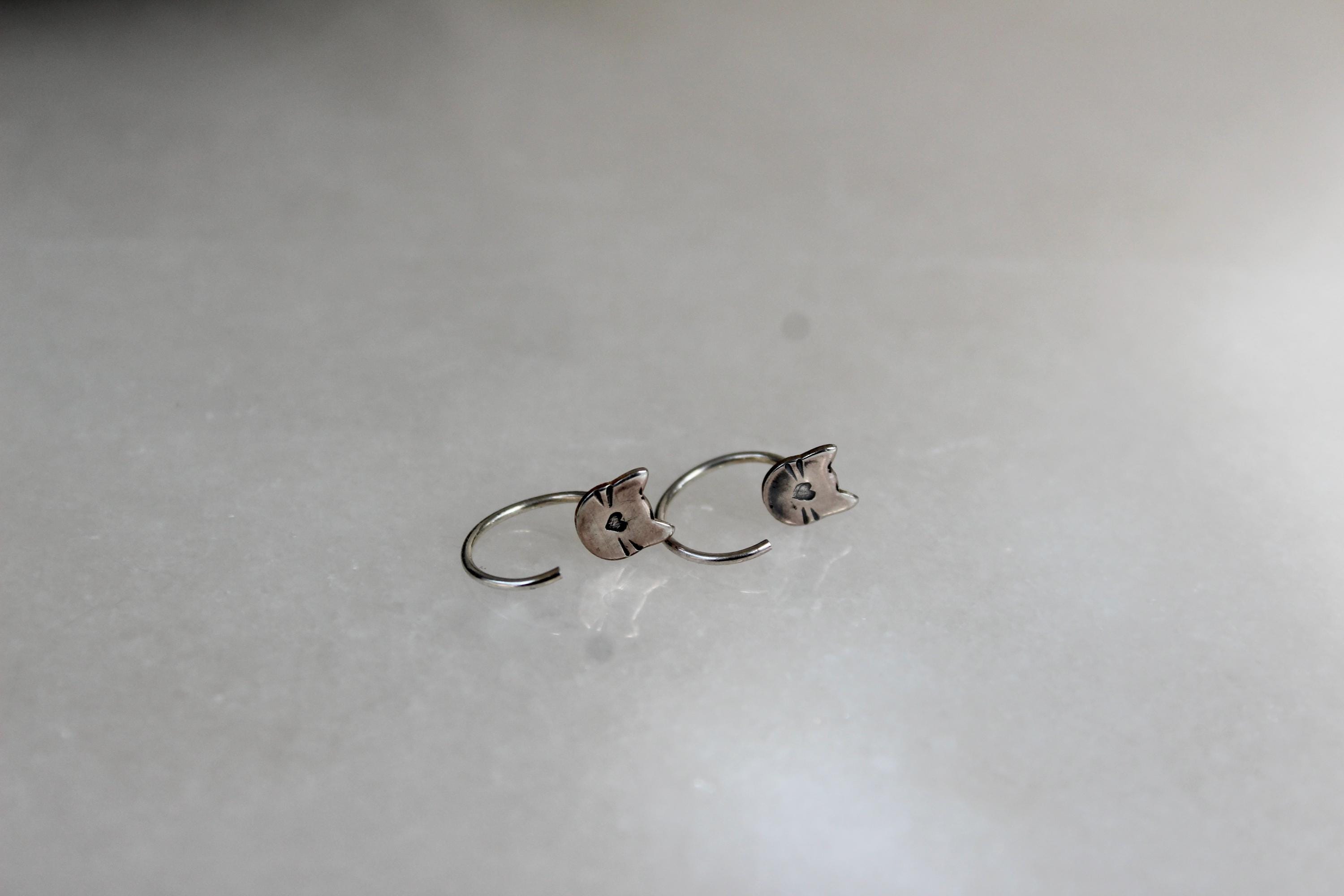 Cat Huggie Hoop Earrings, Backless Sleeper Earrings, Gift for Cat Lady, Kitty Jewelry, Small Cat Earrings, Silver Hoops, Fun Girls Earrings