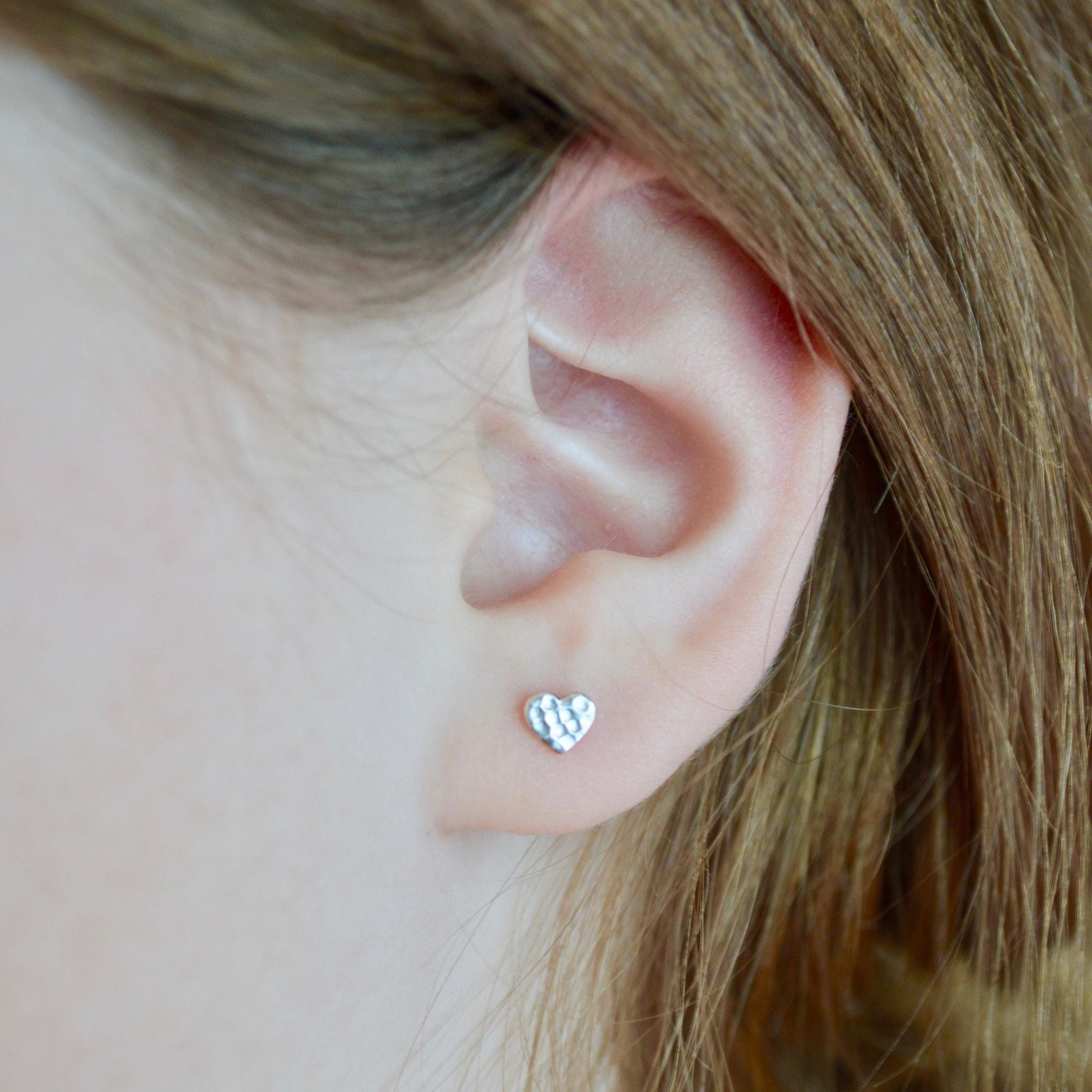 Hammered Sterling Silver Heart Stud Earrings, Tiny 5mm