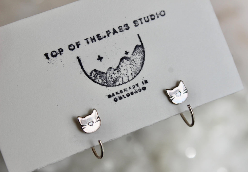 Cat Huggie Hoop Earrings, Backless Sleeper Earrings, Gift for Cat Lady, Kitty Jewelry, Small Cat Earrings, Silver Hoops, Fun Girls Earrings