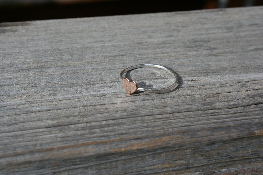 Minimal rose gold filled Heart Ring with Hammered Silver Band,  6mm Heart, Anniversary Gift