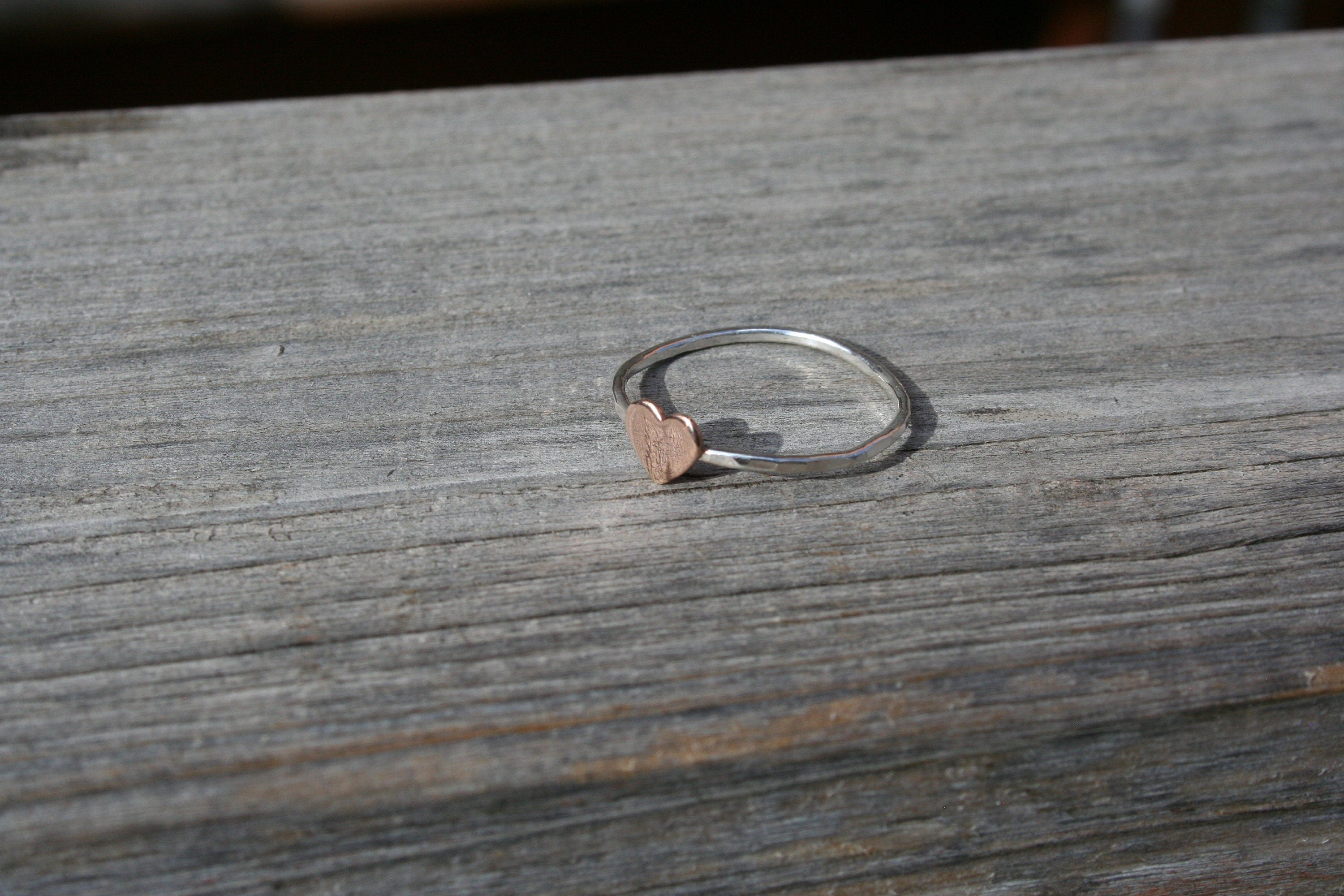Minimal rose gold filled Heart Ring with Hammered Silver Band,  6mm Heart, Anniversary Gift