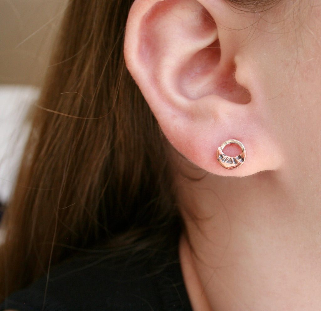Brass and Silver unique Moon shapes design Stud earrings, Stamped Gold Moon Studs, Rustic Brass Jewelry, Open Circle Earrings, Western