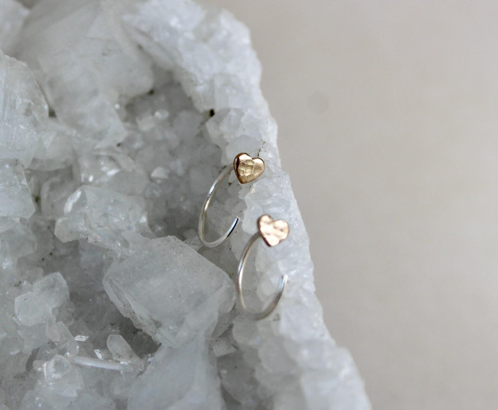 14k Gold Filled Heart Huggie Earrings, Sterling Silver Wires