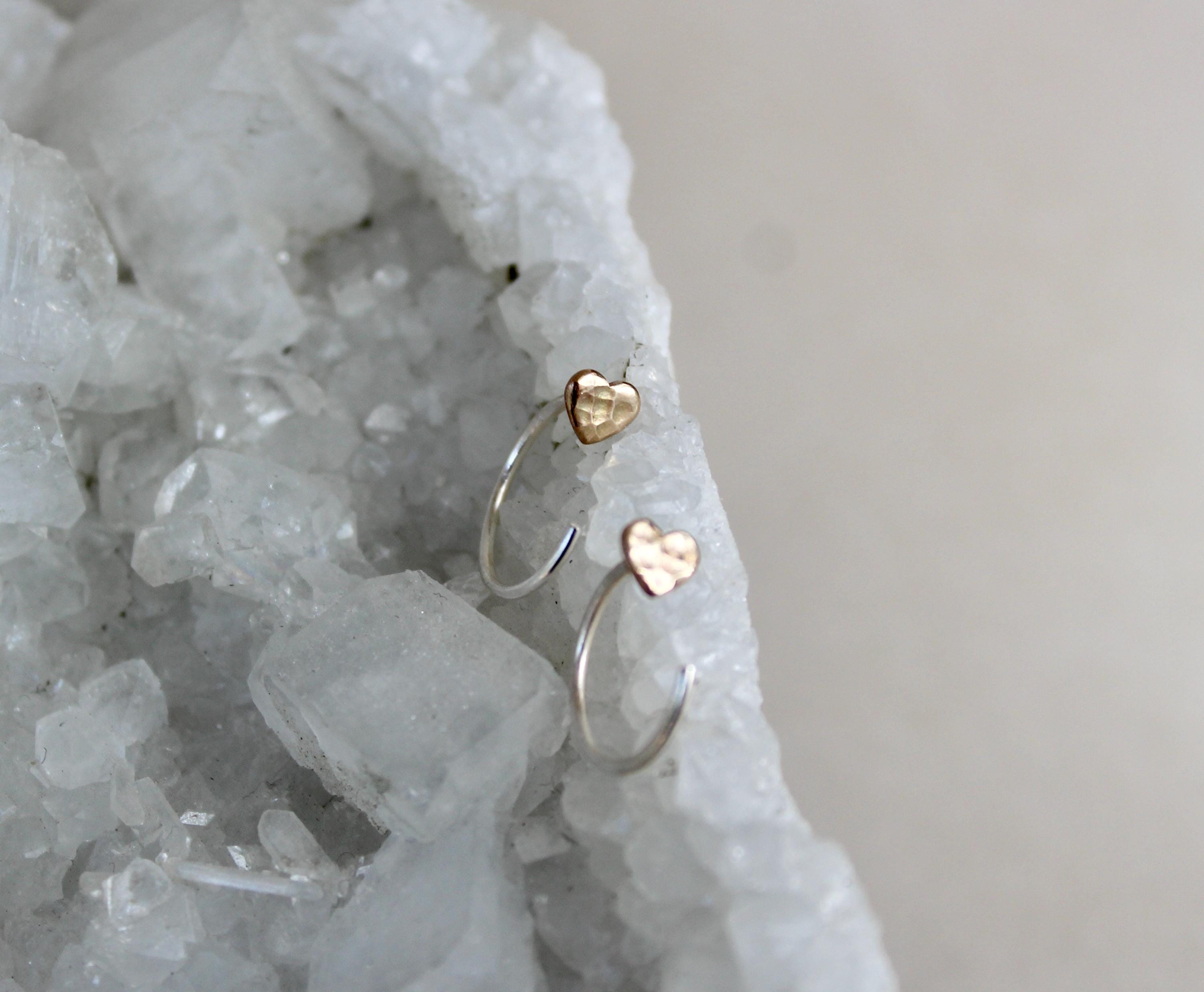 14k Gold Filled Heart Huggie Earrings, Sterling Silver Wires