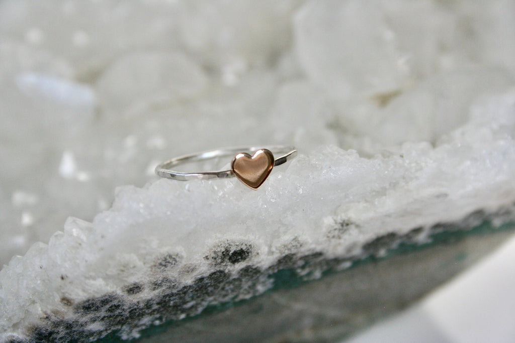 Minimal rose gold filled Heart Ring with Hammered Silver Band,  6mm Heart, Anniversary Gift