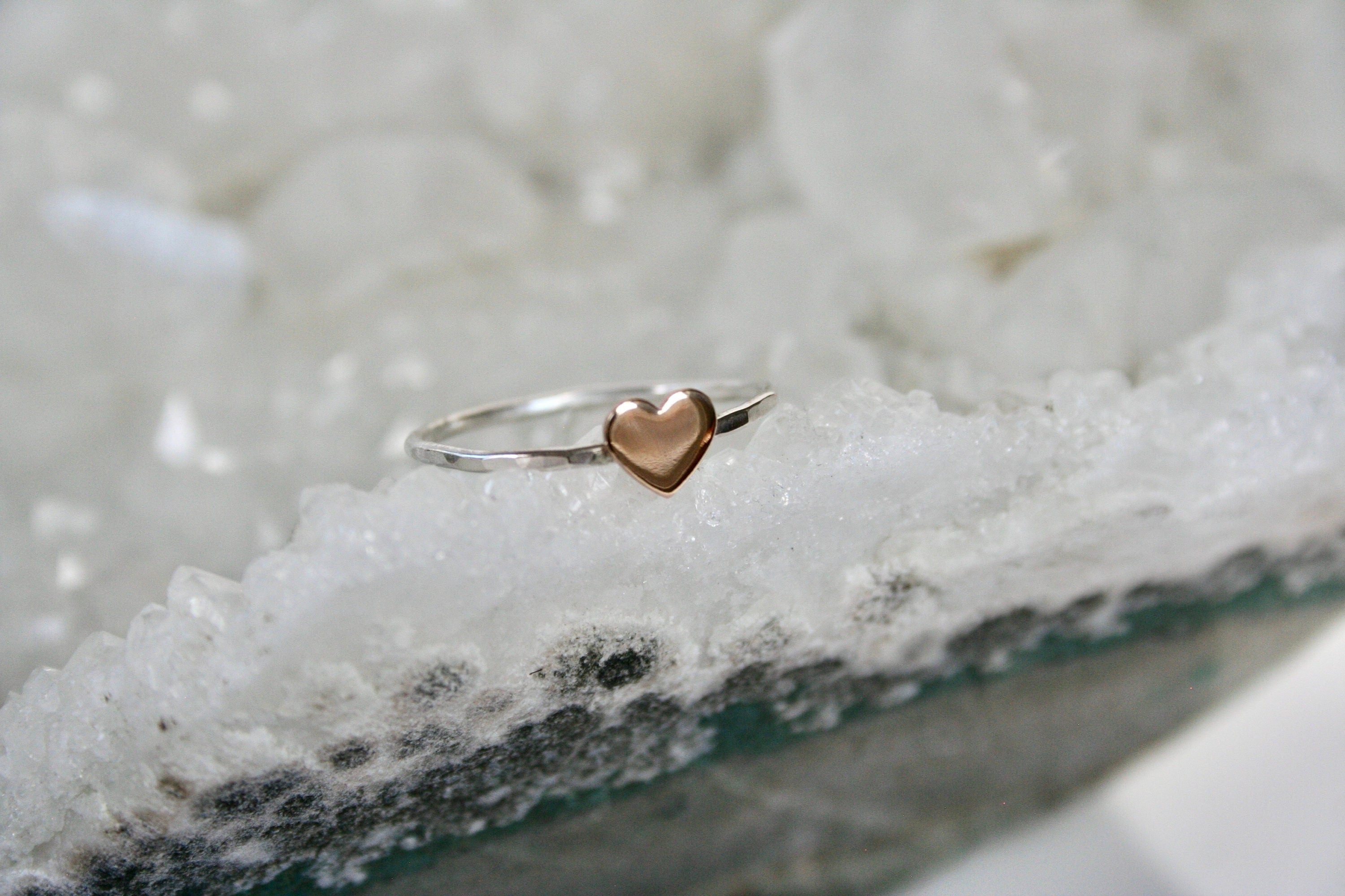 Minimal rose gold filled Heart Ring with Hammered Silver Band,  6mm Heart, Anniversary Gift