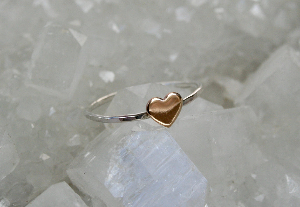 Minimal rose gold filled Heart Ring with Hammered Silver Band,  6mm Heart, Anniversary Gift