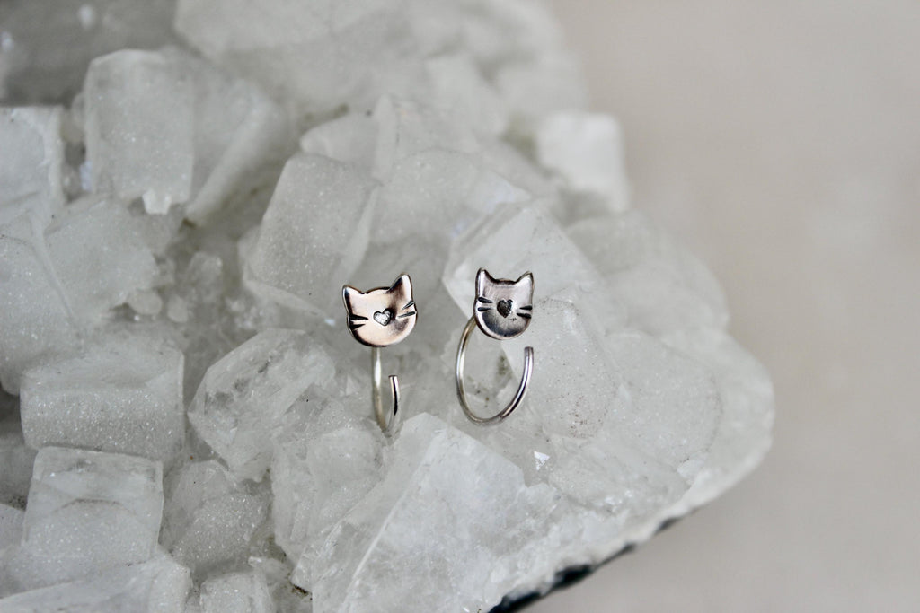 Cat Huggie Hoop Earrings, Backless Sleeper Earrings, Gift for Cat Lady, Kitty Jewelry, Small Cat Earrings, Silver Hoops, Fun Girls Earrings