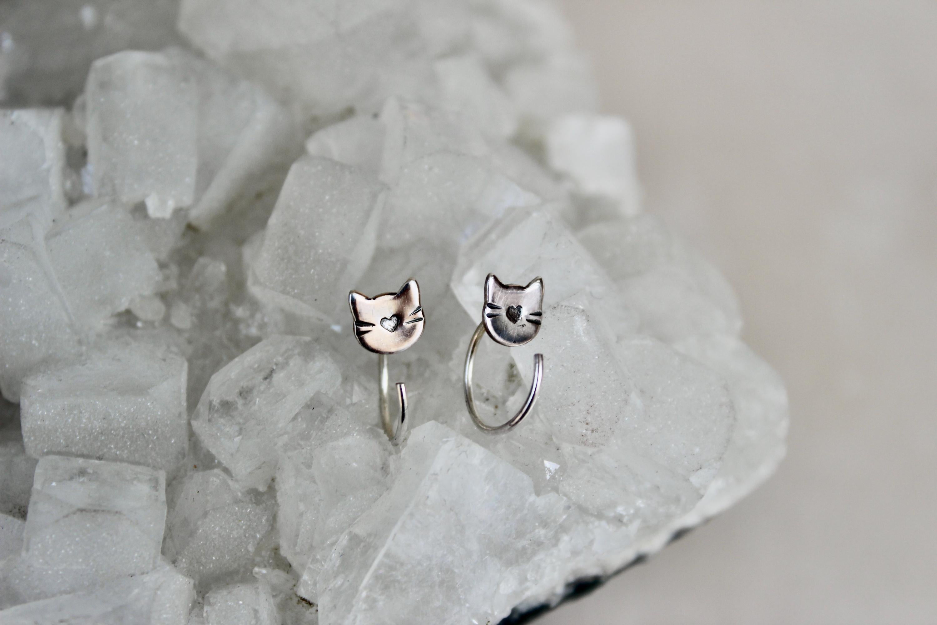 Cat Huggie Hoop Earrings, Backless Sleeper Earrings, Gift for Cat Lady, Kitty Jewelry, Small Cat Earrings, Silver Hoops, Fun Girls Earrings