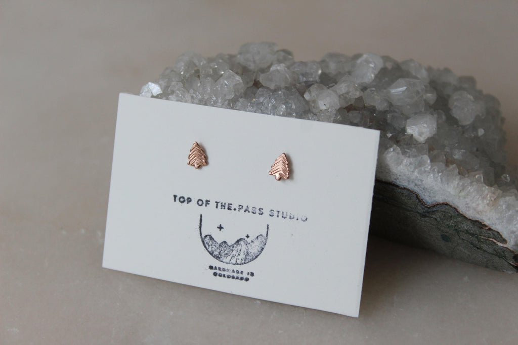 Rose Gold Filled Pine Tree Earrings, Small Tree Studs, 14k Rose Gold Filled Jewelry, Nature Earrings, Lightweight Studs, Gift for Friend