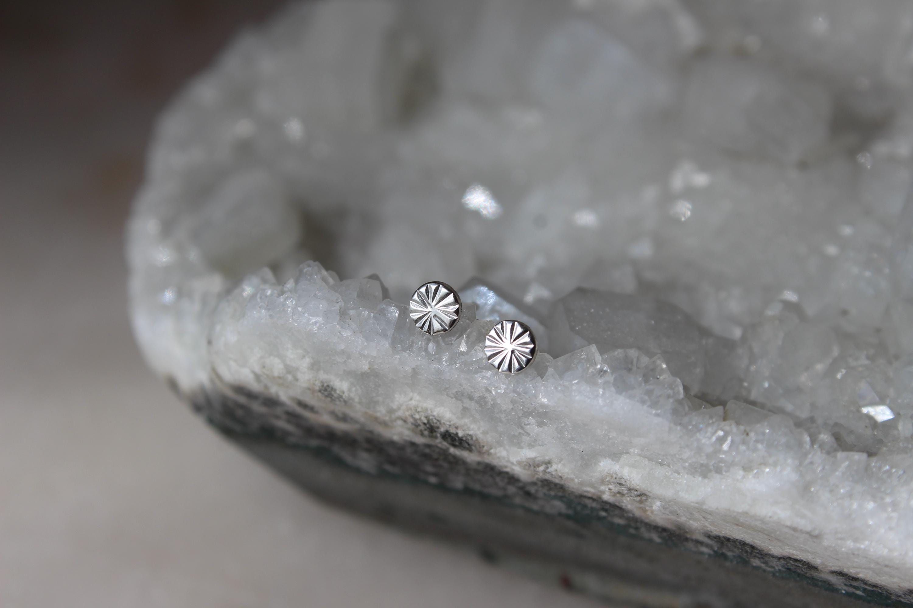 Dainty Sterling Silver Stud Earrings, Round Tiny Studs, Circle Earrings for Cartilage, Unique Hand Stamped Silver Jewelry, Gift for Her