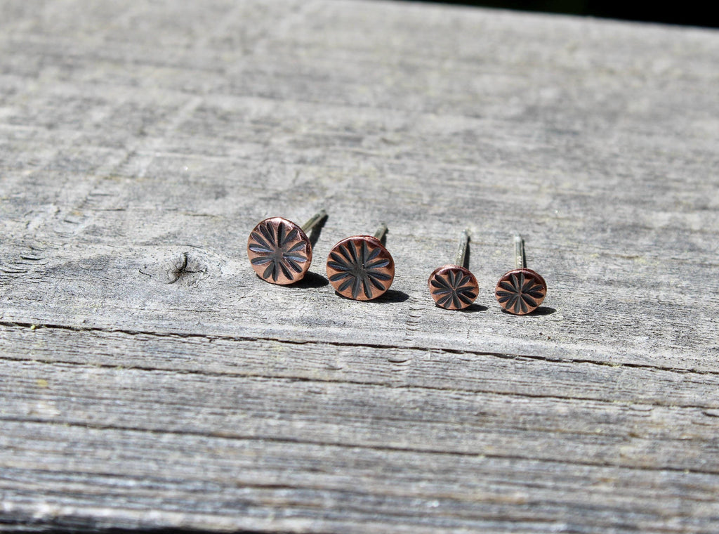 Rustic Copper Stud Earring Set, Hammered Sunburst Design