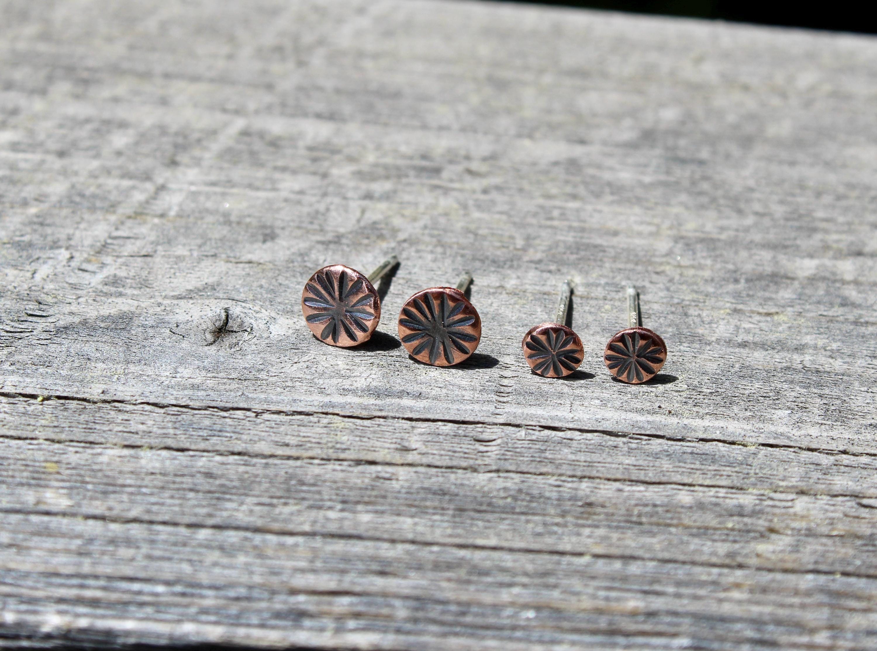 Rustic Copper Stud Earring Set, Hammered Sunburst Design