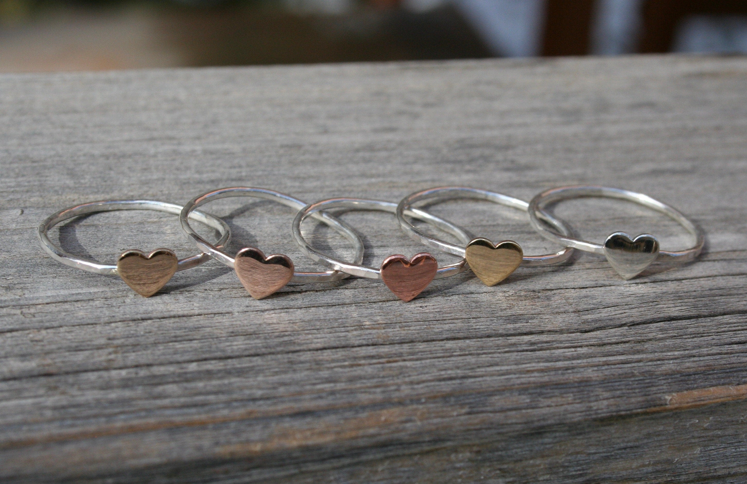 Minimal rose gold filled Heart Ring with Hammered Silver Band,  6mm Heart, Anniversary Gift