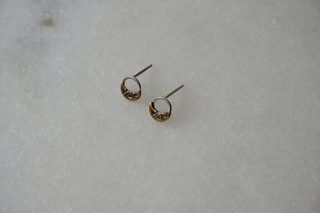 Brass and Silver unique Moon shapes design Stud earrings, Stamped Gold Moon Studs, Rustic Brass Jewelry, Open Circle Earrings, Western