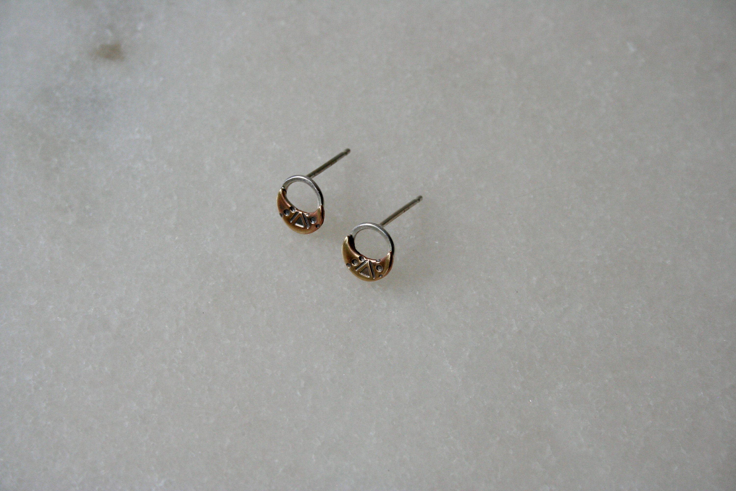 Brass and Silver unique Moon shapes design Stud earrings, Stamped Gold Moon Studs, Rustic Brass Jewelry, Open Circle Earrings, Western