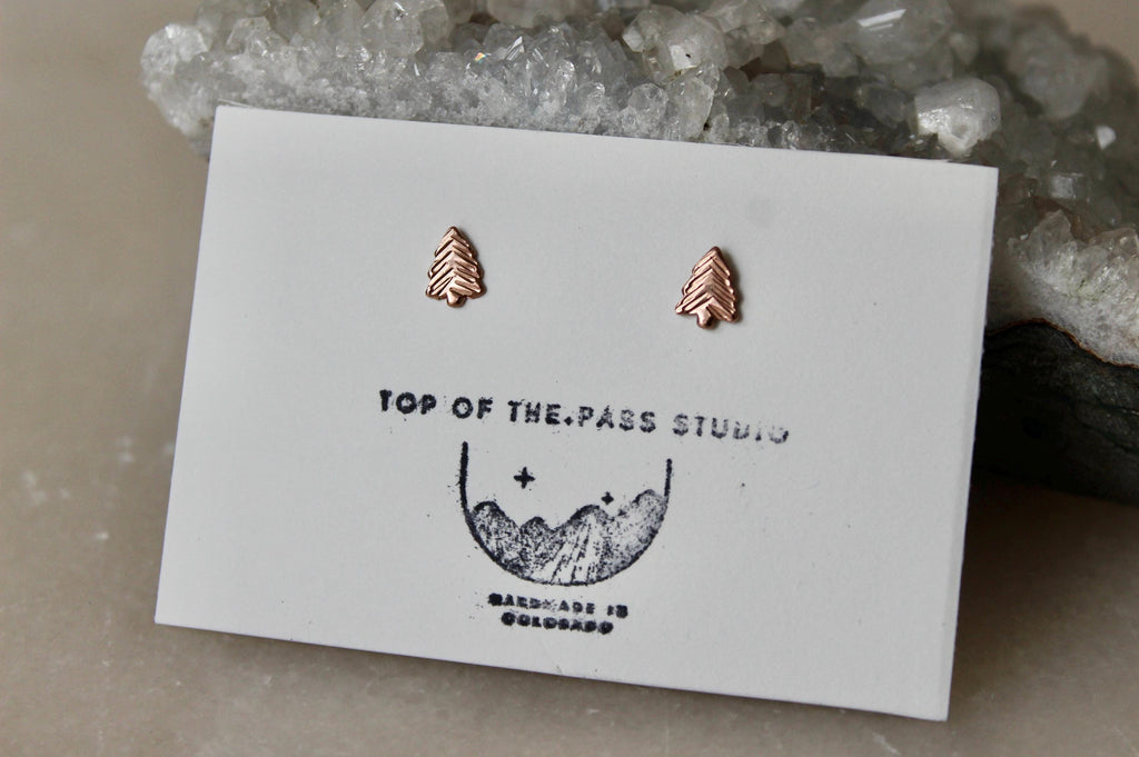 Rose Gold Filled Pine Tree Earrings, Small Tree Studs, 14k Rose Gold Filled Jewelry, Nature Earrings, Lightweight Studs, Gift for Friend