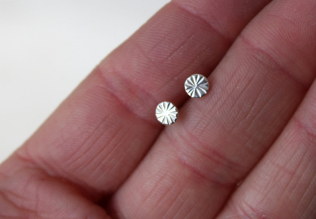 Dainty Sterling Silver Stud Earrings, Round Tiny Studs, Circle Earrings for Cartilage, Unique Hand Stamped Silver Jewelry, Gift for Her