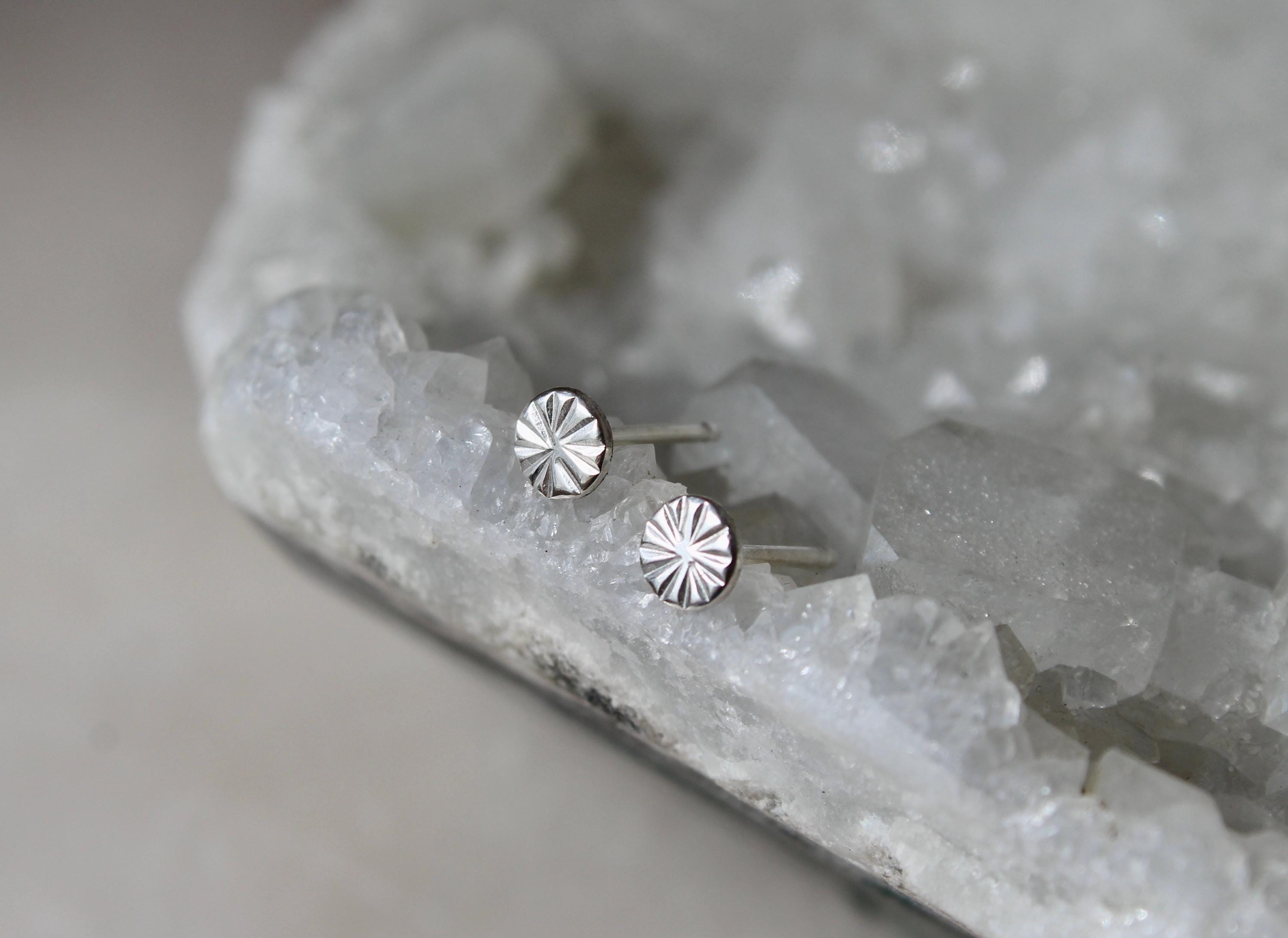 Dainty Sterling Silver Stud Earrings, Round Tiny Studs, Circle Earrings for Cartilage, Unique Hand Stamped Silver Jewelry, Gift for Her