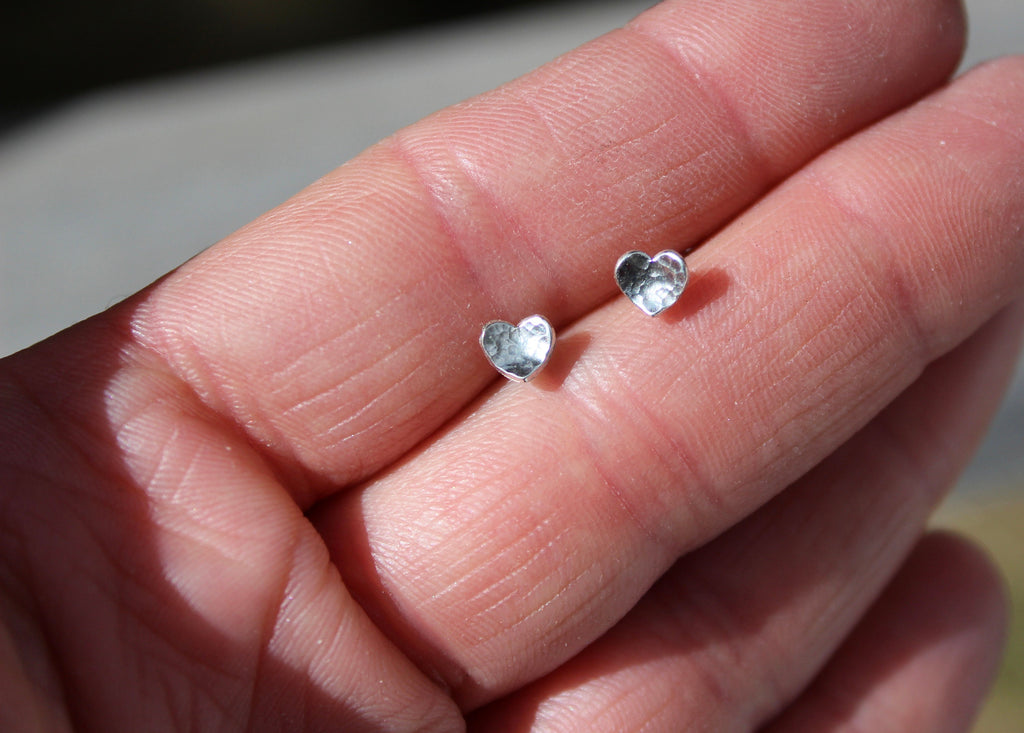 Hammered Sterling Silver Heart Stud Earrings: Handmade Minimalist Jewelry
