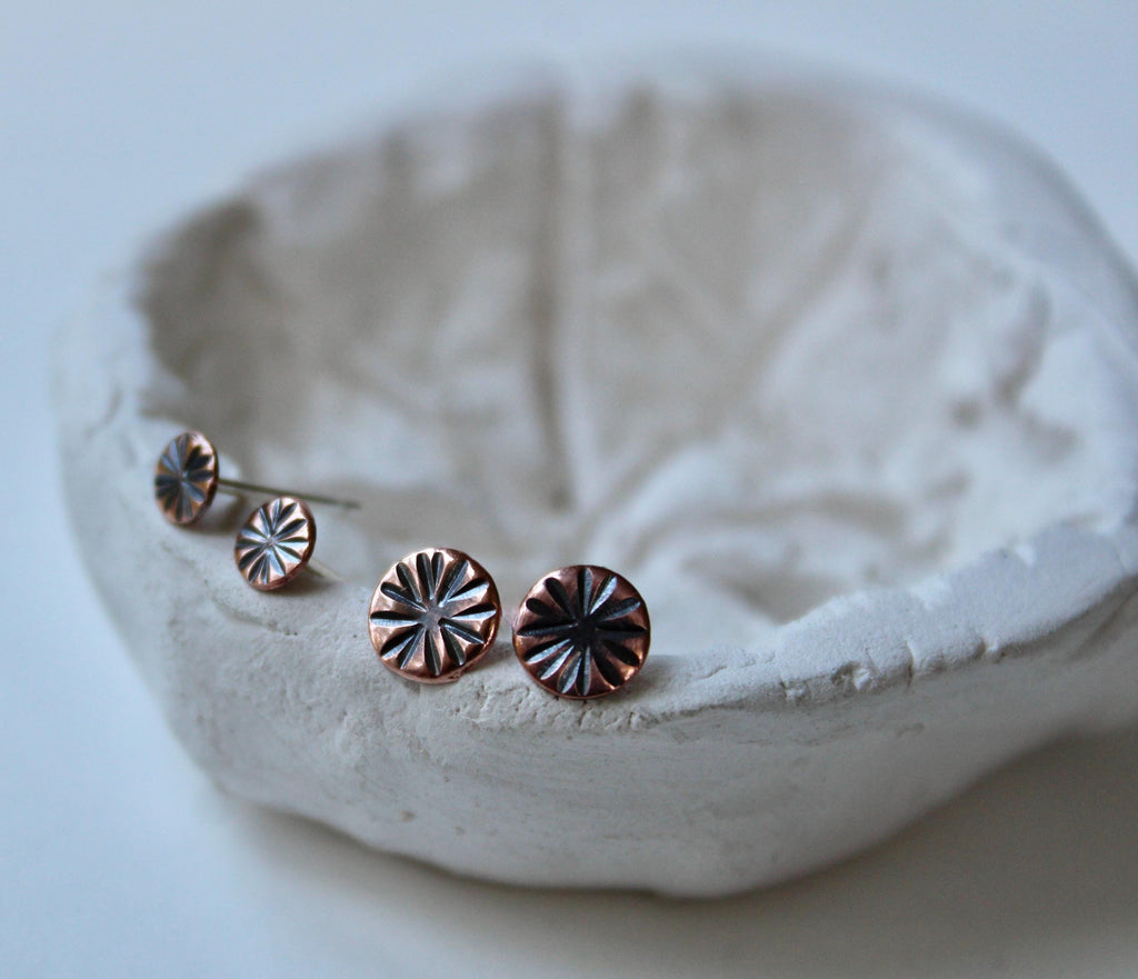 Rustic Copper Stud Earring Set, Hammered Sunburst Design