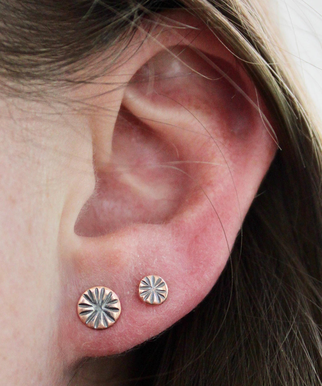 Rustic Copper Stud Earring Set, Hammered Sunburst Design