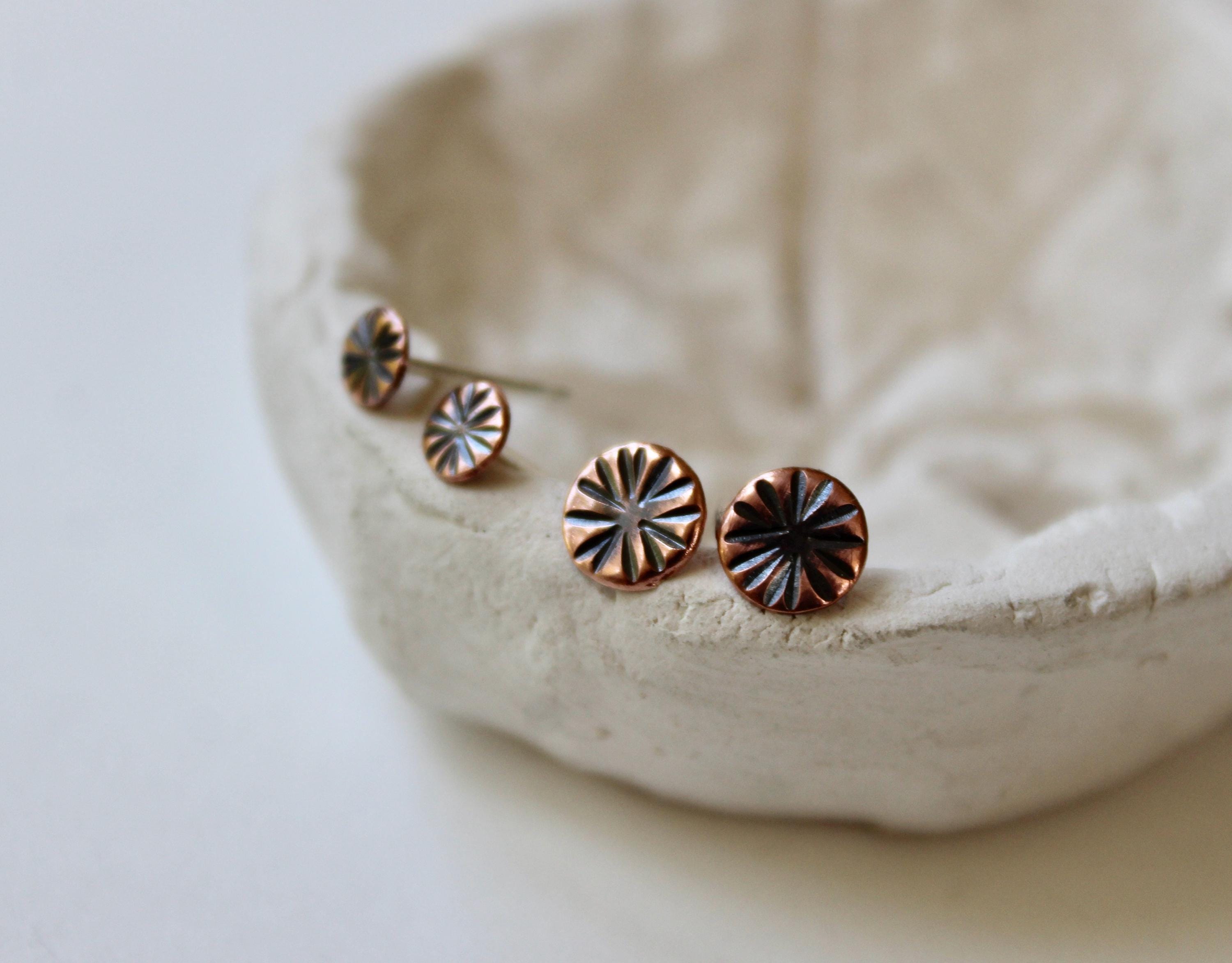 Rustic Copper Stud Earring Set, Hammered Sunburst Design