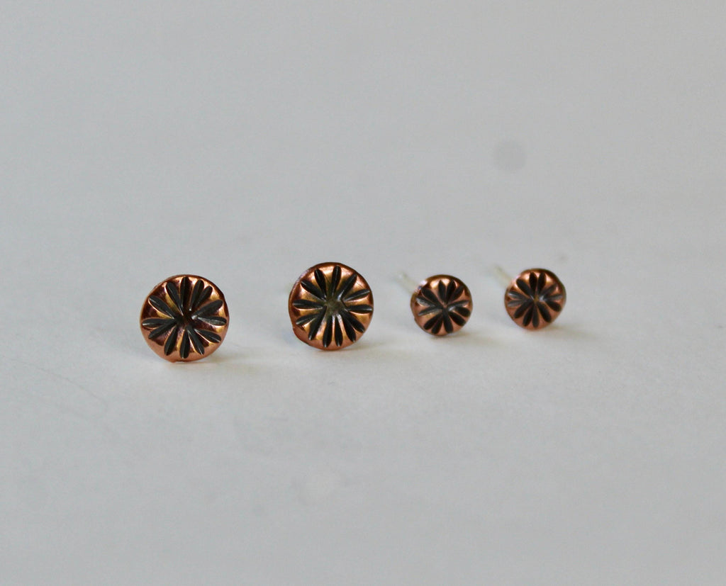 Rustic Copper Stud Earring Set, Hammered Sunburst Design